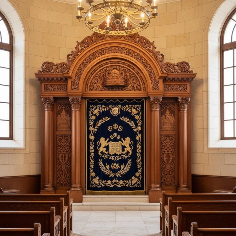Exquisite Handcrafted Aron Kodesh Ark by Premier Synagogue Furniture Manufacturer, Ornate Solid Wood with Velvet Torah Curtain Exquisite Handcrafted Aron Kodesh Ark by Premier Synagogue Furniture Manufacturer, Ornate Solid Wood with Velvet Torah Curtain