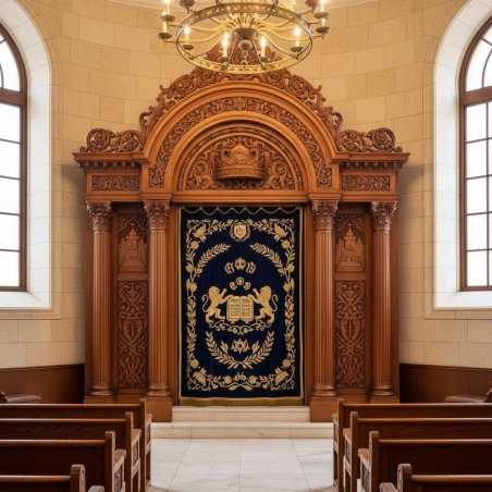 Exquisite Handcrafted Aron Kodesh Ark by Premier Synagogue Furniture Manufacturer, Ornate Solid Wood with Velvet Torah Curtain