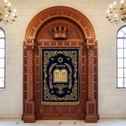 Premier Handcrafted Solid Wood Aron Kodesh Synagogue Holy Ark with Embroidered Velvet Parochet Artisan Manufacturer Quality