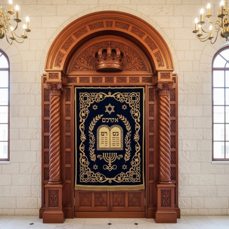 Premier Handcrafted Solid Wood Aron Kodesh Synagogue Holy Ark with Embroidered Velvet Parochet Artisan Manufacturer Quality Premier Handcrafted Solid Wood Aron Kodesh Synagogue Holy Ark with Embroidered Velvet Parochet Artisan Manufacturer Quality