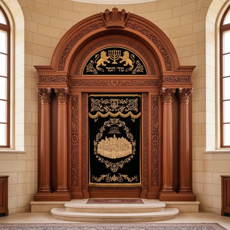 Exquisite Aron Kodesh Holy Ark for Synagogue, Handcrafted Hardwood with Golden Embroidered Parochet, Premium Supplier Quality Exquisite Aron Kodesh Holy Ark for Synagogue, Handcrafted Hardwood with Golden Embroidered Parochet, Premium Supplier Quality