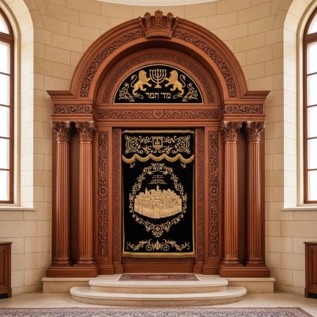 Exquisite Aron Kodesh Holy Ark for Synagogue, Handcrafted Hardwood with Golden Embroidered Parochet, Premium Supplier Quality