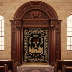 Expertly Hand-Carved Dark Wood Aron Kodesh with Embroidered Velvet Parochet, Premium Synagogue Furniture Supplier & Manufacturer