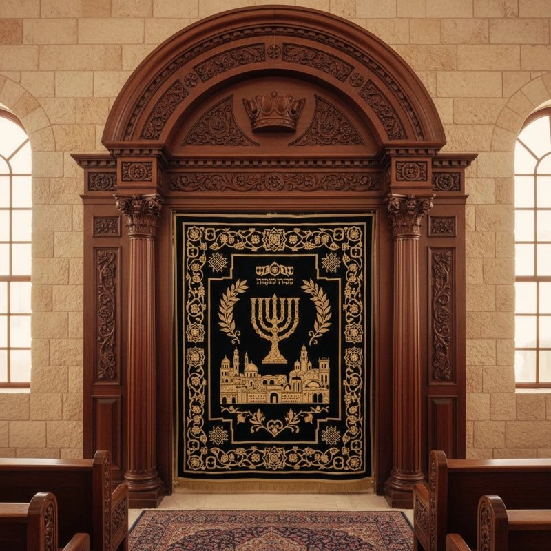 Expertly Hand-Carved Dark Wood Aron Kodesh with Embroidered Velvet Parochet, Premium Synagogue Furniture Supplier & Manufacturer Expertly Hand-Carved Dark Wood Aron Kodesh with Embroidered Velvet Parochet, Premium Synagogue Furniture Supplier & Manufacturer
