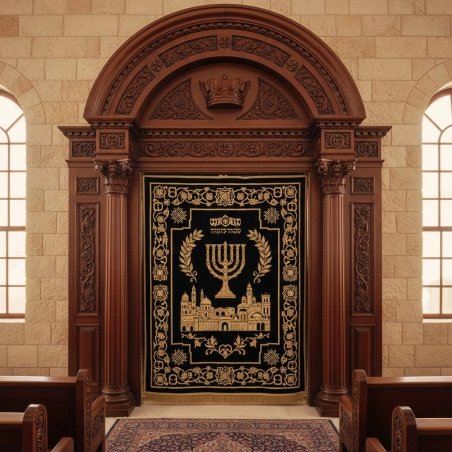 Expertly Hand-Carved Dark Wood Aron Kodesh with Embroidered Velvet Parochet, Premium Synagogue Furniture Supplier & Manufacturer