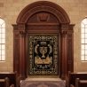 Expertly Hand-Carved Dark Wood Aron Kodesh with Embroidered Velvet Parochet, Premium Synagogue Furniture Supplier & Manufacturer