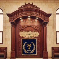 Grand Hand-Carved Aron Kodesh with Jerusalem Motif Premium Hardwood Synagogue Furniture by Expert Manufacturer