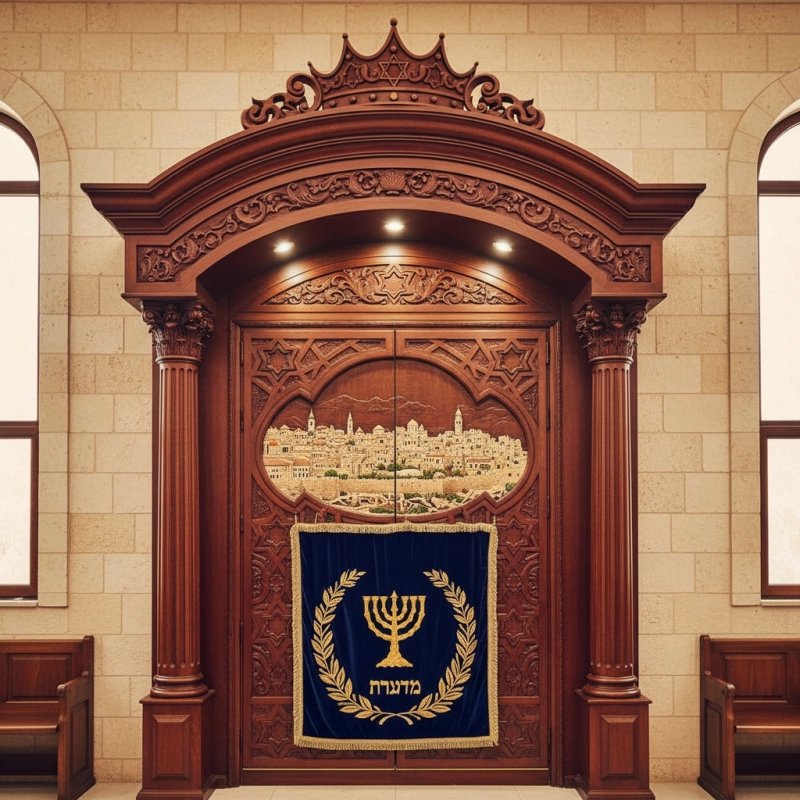 Grand Hand-Carved Aron Kodesh with Jerusalem Motif Premium Hardwood Synagogue Furniture by Expert Manufacturer Grand Hand-Carved Aron Kodesh with Jerusalem Motif Premium Hardwood Synagogue Furniture by Expert Manufacturer