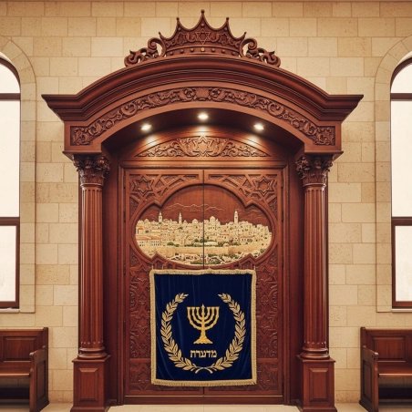 Grand Hand-Carved Aron Kodesh with Jerusalem Motif Premium Hardwood Synagogue Furniture by Expert Manufacturer