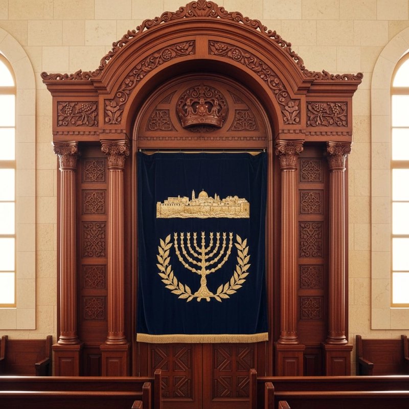 Premium Solid Wood Aron Kodesh Synagogue Holy Ark - Hand-Carved Craftsmanship with Velvet Gold Embroidery, Expertly Manufactured Premium Solid Wood Aron Kodesh Synagogue Holy Ark - Hand-Carved Craftsmanship with Velvet Gold Embroidery, Expertly Manufactured