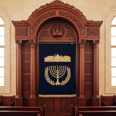 Premium Solid Wood Aron Kodesh Synagogue Holy Ark - Hand-Carved Craftsmanship with Velvet Gold Embroidery, Expertly Manufactured
