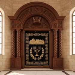 Exquisite Hand-Carved Aron Kodesh Synagogue Ark - Premium Manufacturer Crafted Solid Wood & Embroidered Parochet