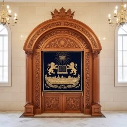 Exquisite Hand-Carved Aron Kodesh by Premier Sacred Furniture Manufacturer, Synagogue Ark with Custom Velvet Parochet