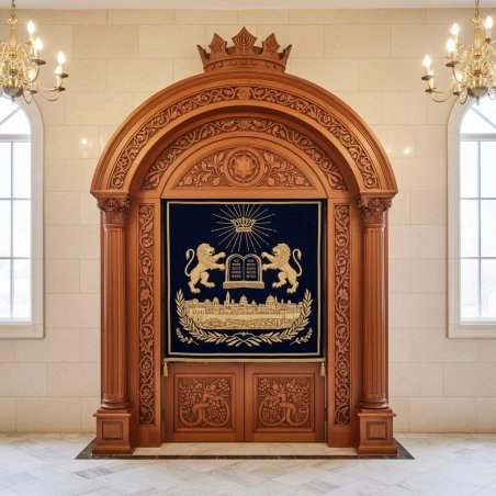 Exquisite Hand-Carved Aron Kodesh by Premier Sacred Furniture Manufacturer, Synagogue Ark with Custom Velvet Parochet