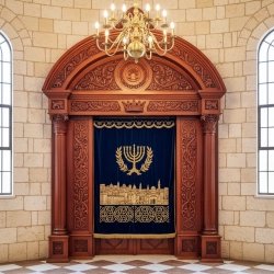 Grand Solid Wood Aron Kodesh with Hand-Carved Details & Velvet Parochet Premium Synagogue Furniture by Expert Manufacturer