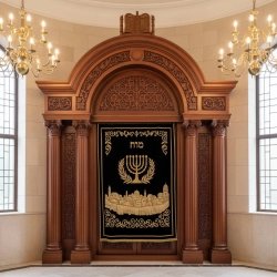 Premier Hand-Carved Hardwood Aron Kodesh with Golden Embroidered Parochet Synagogue Furniture Manufacturer's Exquisite Holy Ark