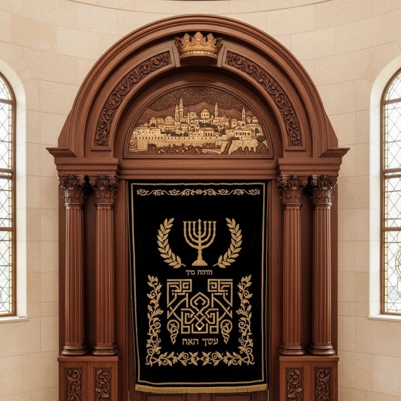 Exquisite Hand-Carved Hardwood Aron Kodesh with Jerusalem Relief by Premier Synagogue Furniture Manufacturer Exquisite Hand-Carved Hardwood Aron Kodesh with Jerusalem Relief by Premier Synagogue Furniture Manufacturer