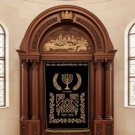 Exquisite Hand-Carved Hardwood Aron Kodesh with Jerusalem Relief by Premier Synagogue Furniture Manufacturer