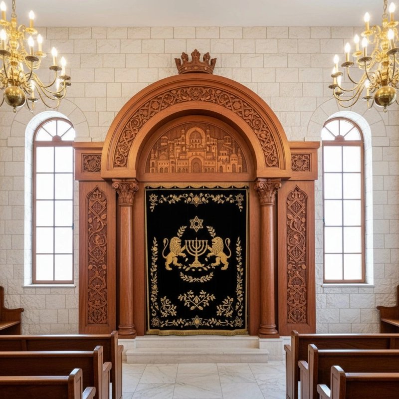 Handcrafted Wooden Aron Kodesh Holy Ark with Intricate Carvings, Premium Synagogue Furniture by Expert Manufacturer Handcrafted Wooden Aron Kodesh Holy Ark with Intricate Carvings, Premium Synagogue Furniture by Expert Manufacturer