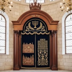 Exquisite Aron Kodesh Handcrafted Dark Wood Synagogue Furniture with Gold Embroidery and Crown, Premium Manufacturer Quality