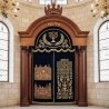 Exquisite Aron Kodesh Handcrafted Dark Wood Synagogue Furniture with Gold Embroidery and Crown, Premium Manufacturer Quality