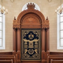 Exquisite Handcrafted Aron Kodesh Synagogue Ark - Premium Carved Wood & Gold Embroidered Velvet Parochet for Sacred Spaces