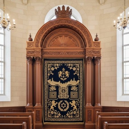 Exquisite Handcrafted Aron Kodesh Synagogue Ark - Premium Carved Wood & Gold Embroidered Velvet Parochet for Sacred Spaces