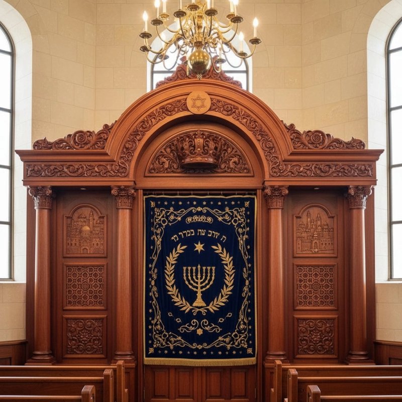 Masterfully Crafted Aron Kodesh Premium Hardwood Synagogue Holy Ark Ornate Shul Furniture with Exquisite Velvet Parochet Masterfully Crafted Aron Kodesh Premium Hardwood Synagogue Holy Ark Ornate Shul Furniture with Exquisite Velvet Parochet