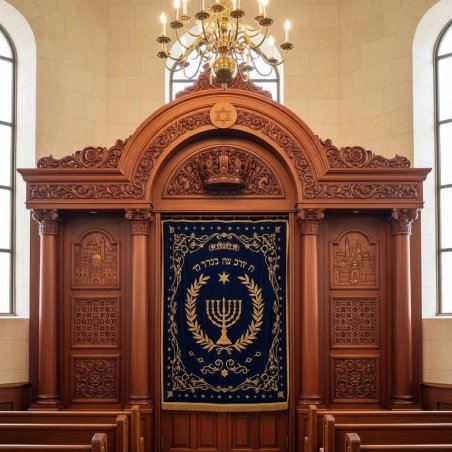 Masterfully Crafted Aron Kodesh Premium Hardwood Synagogue Holy Ark Ornate Shul Furniture with Exquisite Velvet Parochet