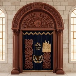 Premium Hand-Carved Solid Wood Aron Kodesh with Ornate Blue Velvet Parochet Expert Synagogue Furniture Manufacturer