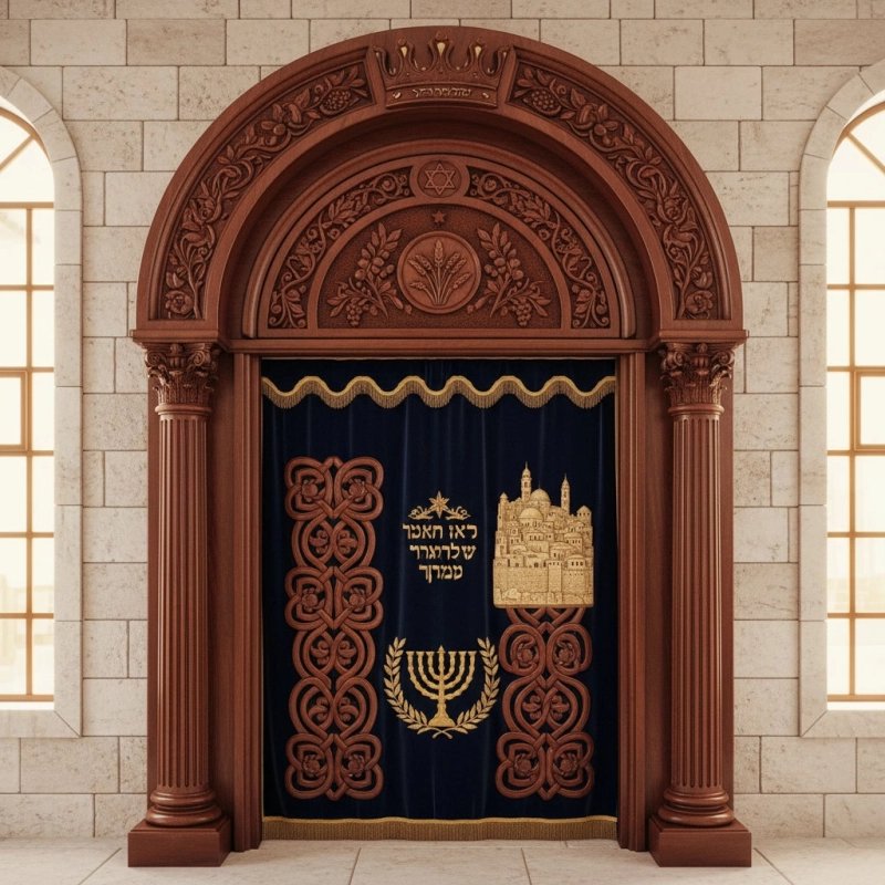Premium Hand-Carved Solid Wood Aron Kodesh with Ornate Blue Velvet Parochet Expert Synagogue Furniture Manufacturer Premium Hand-Carved Solid Wood Aron Kodesh with Ornate Blue Velvet Parochet Expert Synagogue Furniture Manufacturer