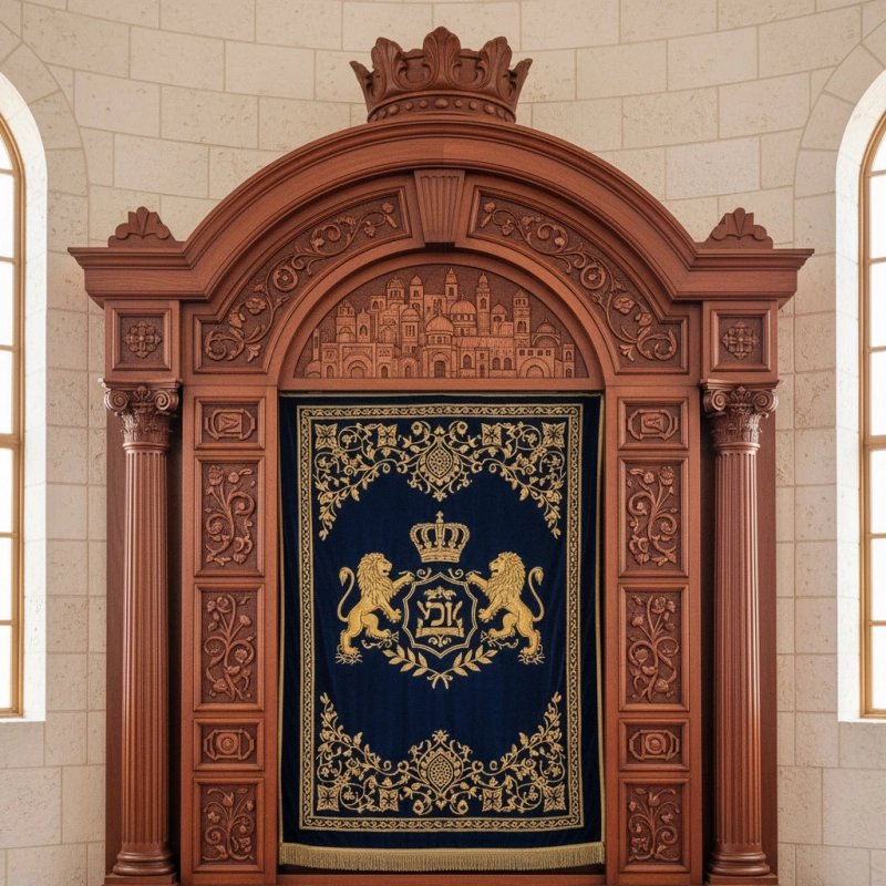 Exquisite Carved Wooden Aron Kodesh with Velvet Parochet - Premium Synagogue Furniture by Master Craftsmen, Manufacturer Direct Exquisite Carved Wooden Aron Kodesh with Velvet Parochet - Premium Synagogue Furniture by Master Craftsmen, Manufacturer Direct