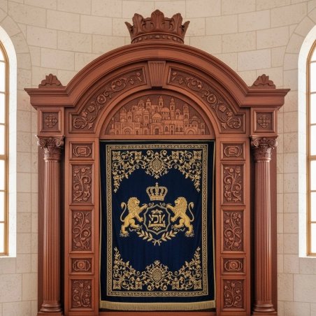 Exquisite Carved Wooden Aron Kodesh with Velvet Parochet - Premium Synagogue Furniture by Master Craftsmen, Manufacturer Direct