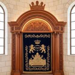 Premium Hand-Carved Solid Wood Aron Kodesh with Velvet Parochet, Artisan Synagogue Furniture by Leading Manufacturer