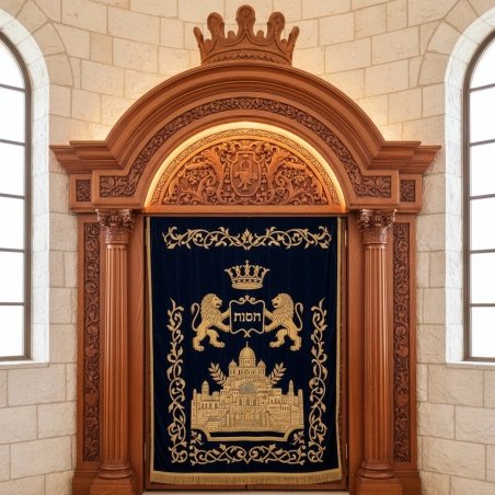 Premium Hand-Carved Solid Wood Aron Kodesh with Velvet Parochet, Artisan Synagogue Furniture by Leading Manufacturer