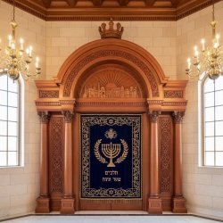 Masterfully Hand-Carved Wooden Aron Kodesh, Exquisite Synagogue Furniture by Premier Manufacturer, Timeless Sacred Design.
