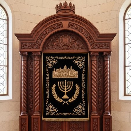 Exquisite Hand-Carved Aron Kodesh, Dark Hardwood Synagogue Furniture, Premium Manufacturer's Craftsmanship