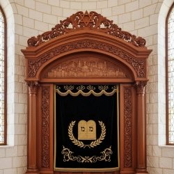 Premium Hand-Carved Aron Kodesh - Solid Wood Synagogue Ark by Expert Manufacturer, Ornate Jerusalem Relief & Velvet Parochet