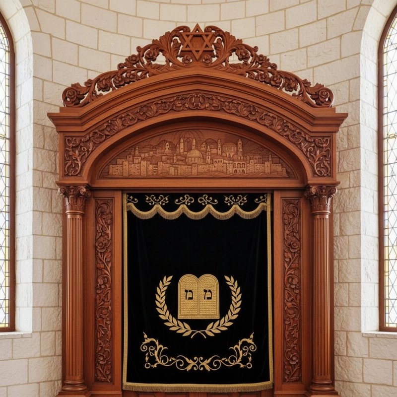 Premium Hand-Carved Aron Kodesh - Solid Wood Synagogue Ark by Expert Manufacturer, Ornate Jerusalem Relief & Velvet Parochet Premium Hand-Carved Aron Kodesh - Solid Wood Synagogue Ark by Expert Manufacturer, Ornate Jerusalem Relief & Velvet Parochet