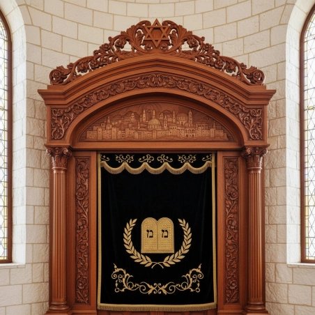 Premium Hand-Carved Aron Kodesh - Solid Wood Synagogue Ark by Expert Manufacturer, Ornate Jerusalem Relief & Velvet Parochet