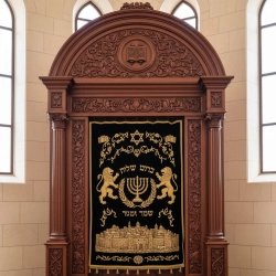 Handcrafted Hardwood Aron Kodesh Holy Ark with Gold Embroidered Velvet for Synagogue - Premium Supplier Sacred Furniture