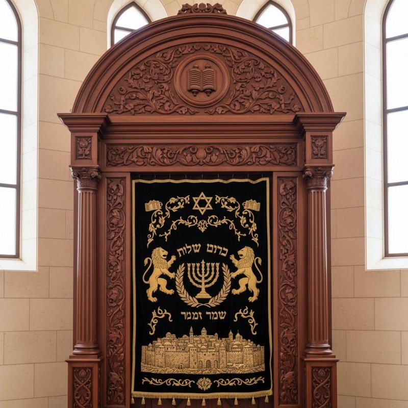 Handcrafted Hardwood Aron Kodesh Holy Ark with Gold Embroidered Velvet for Synagogue - Premium Supplier Sacred Furniture Handcrafted Hardwood Aron Kodesh Holy Ark with Gold Embroidered Velvet for Synagogue - Premium Supplier Sacred Furniture