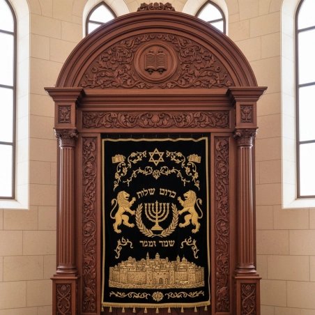 Handcrafted Hardwood Aron Kodesh Holy Ark with Gold Embroidered Velvet for Synagogue - Premium Supplier Sacred Furniture