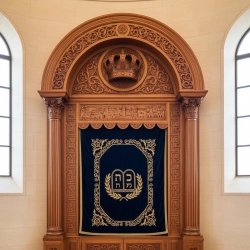 Exquisite Aron Kodesh Torah Ark, Hand-Carved Wood Synagogue Furniture, Deep Blue Velvet, Premium Manufacturer Quality