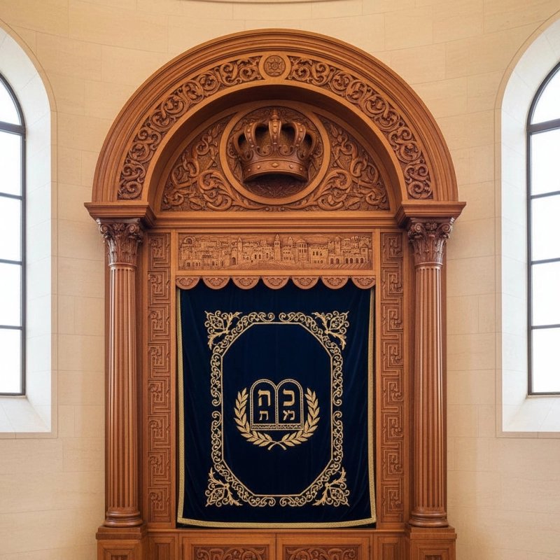 Exquisite Aron Kodesh Torah Ark, Hand-Carved Wood Synagogue Furniture, Deep Blue Velvet, Premium Manufacturer Quality Exquisite Aron Kodesh Torah Ark, Hand-Carved Wood Synagogue Furniture, Deep Blue Velvet, Premium Manufacturer Quality