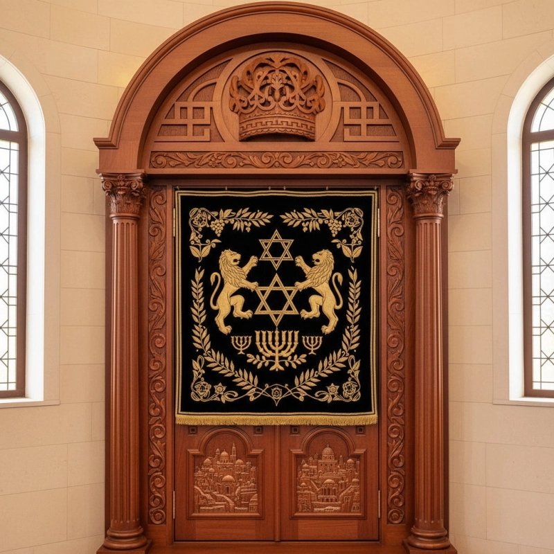 Premium Handcrafted Aron Kodesh Holy Ark Solid Wood Synagogue Furniture Gold Embroidered Parochet Artisanal Quality Premium Handcrafted Aron Kodesh Holy Ark Solid Wood Synagogue Furniture Gold Embroidered Parochet Artisanal Quality