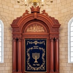 Masterful Hand-Carved Aron Kodesh Torah Ark with Jerusalem Motif, Royal Velvet Curtain - Premium Synagogue Furniture.