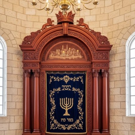 Masterful Hand-Carved Aron Kodesh Torah Ark with Jerusalem Motif, Royal Velvet Curtain - Premium Synagogue Furniture.