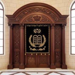 Grandeur Carved Solid Wood Aron Kodesh Synagogue Ark with Embroidered Velvet Parochet - Premium Manufacturer Craftsmanship