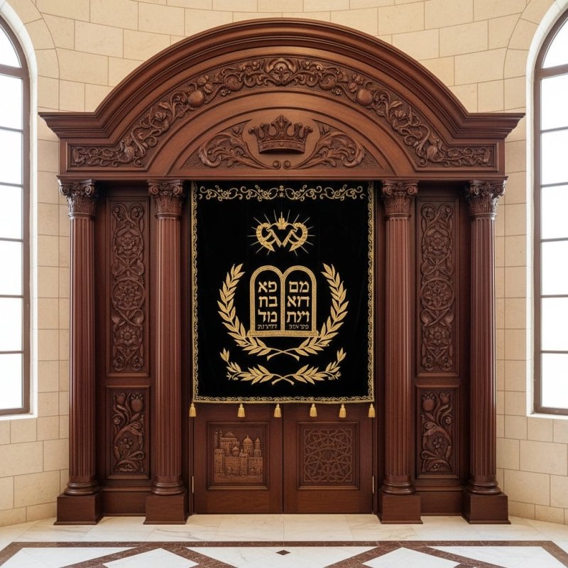 Grandeur Carved Solid Wood Aron Kodesh Synagogue Ark with Embroidered Velvet Parochet - Premium Manufacturer Craftsmanship Grandeur Carved Solid Wood Aron Kodesh Synagogue Ark with Embroidered Velvet Parochet - Premium Manufacturer Craftsmanship
